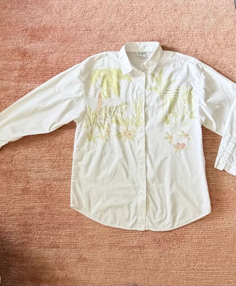 Together M White Tiger Hand Painted Cotton Button Up Shirt Safari Embroidered